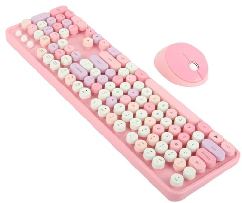 Ejoyous Wireless Keyboard and Mouse, 2.4 GHz 1600 DPI Silent Mouse Green Mechanical Keyboard Retro USB Round Key Wireless Keyboard and Mouse Set, for PC Computer Laptop Desktop (Pink