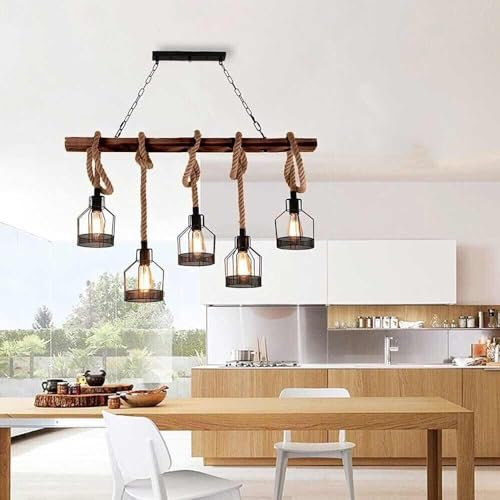 Kovalmax® Lampadario 5 portalampada in corda di canapa metallo e27 country vintage a91