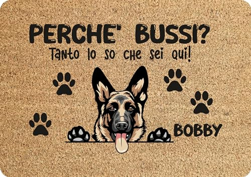 fashwork Tappeto PERSONALIZZATO con nome cane divertente Pastore Tedesco Perchè bussi? Zerbino in poliestere 60x40 cm