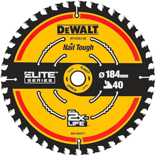 Dewalt Elite Kreissägeblatt DT10303 (Sägeblatt-ø 184/16 mm, Schnittbreite: 1,65 mm, 40 Zähne, Zahngeometrie: WZ, Zahnwinkel: 18°, ultra-scharfe Hartmetall-Zähne, mit Nail Tough, für feine Schnitte)