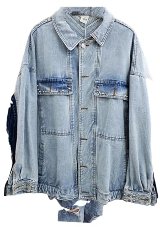 Vsadsau Jeansjacke für Damen, mit Nieten, lockere kurze Oberbekleidung, Blumenstickerei, Quaste, Jeansjacke, hellblau, 46
