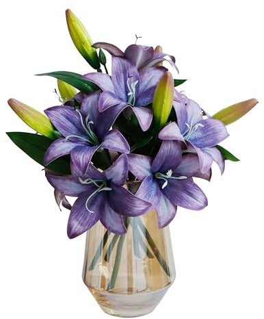 cn-Knight 6 flores artificiales de lirio de tigre, flor de lirio de imitación de 15 pulgadas con 2 flores y 1 capullo, flores de lirio de Pascua de látex de tacto real para decoración del hogar,