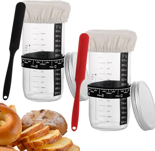 WOPPLXY 2 PCS Sourdough Starter Kit, 750ML Reusable Glass Jar with Silicone Scraper, Cloth Cover & Metal Lid, Home Baking Sourdough Starter Baking Supplies