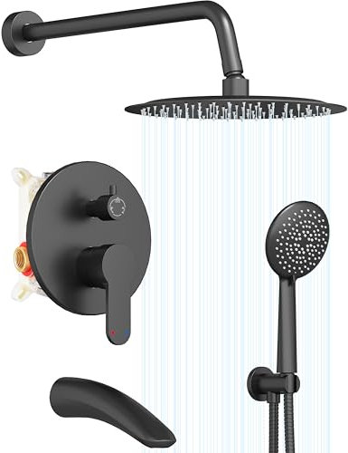 Gabrylly Shower System with Tub Spout, Black Bathtub Shower Faucet Set with 3-Way Pressure Balance Valve Kit, 10 Rain Head with Handheld Spray, Matte Black