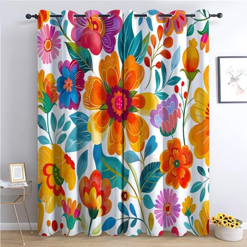 Vorhang Blickdicht Thermovorhang Mexikanischer Stil Blumen Muster Gardinen Wohnzimmer Vorhänge Kinderzimmer Geräuschreduzierung Dekoration für Schlafzimmer Wohnzimmer Küche Fenster Bunt 160 x 70 cm