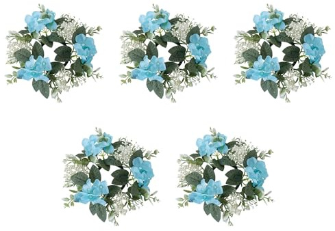 Huilimei 5 anillos de vela de 25 cm, coronas de hortensias artificiales, coronas para pilares, Navidad, boda, hogar, mesa, fiesta, decoración (azul)