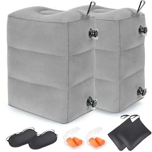 Aufblasbares Reise-Fußstützenkissen von RISEPRO, höhenverstellbar in 3 Lagen, Flugzeugbett für Kinder, Reiseutensilien für Erwachsene im Flugzeug, im Zug, im Auto, im Büro, zu Hause (grau, 2 Stück)