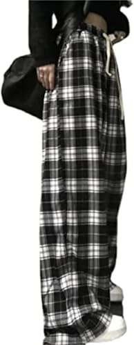yssgtt Damen Casual Plaid Hose Plaid Baggy Drawstring Hose gerade High Waisted Goth Grunge Pants Y2k Kleidung Streetwear