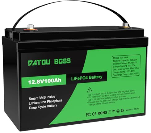 DATOUBOSS 12V 100Ah LiFePO4 Lithium Battery, 1280Wh Energy, Up to 15000+ Deep Cycle, with 120A BMS Protection, Support in Series/Parallel, for RV, Caravans, Boat, Off-Grid Solar Panel System