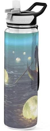 Mnsruu Transparente Sport-Wasserflasche mit Strohhalm, auslaufsichere Trinkflasche, fantastische Mond-Boy-Fahrradflaschen für Sport, Büro, Schule, BPA-freier Tritan-Kunststoff, 1 Liter