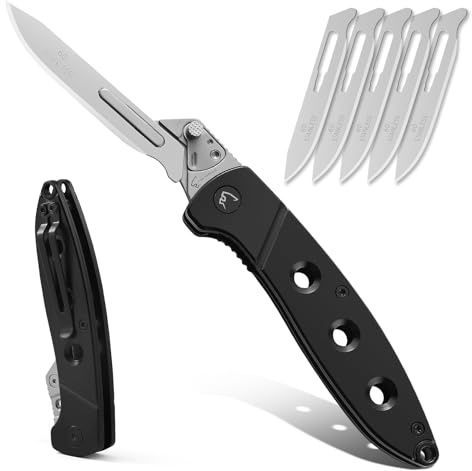 COOL PARD EDC Folding Scalpel Pocket Knife ，EDC Utility Knife with 6pcs #60 Replaceable Blades ,Outdoor Knife with Pocket Clip and Liner Lock，Sharp Skinning Knives for Hunting, Fishing, Deer & Survival （Black）