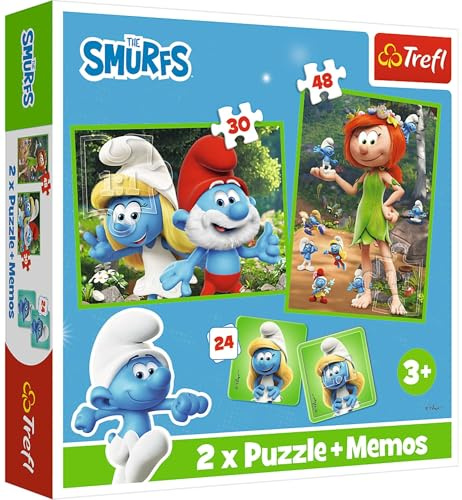 Trefl. Pitufos, diversión pitufa. 3 en 1: 2 puzles + Juego de Memoria, 30 y 48 Piezas, Distintos Grados de dificultad, 24 Pares de Tarjetas de Memoria. Juego para niñas y niños a Partir de 3 años.