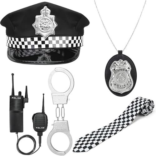 Disfraz de policía para niños o niñas con esposas, accesorios, incluye gorro, insignia, walkie talkie y corbata, ideal para niños. Disfraz de policía para hombres o mujeres