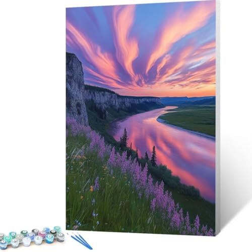 Malen Nach Zahlen Erwachsene River, Paint by Numbers Bastelset Erwachsene, DIY Malen Nach Zahlen für Erwachsene und Anfänger Berg, Bastelset Erwachsene Frauen, Home Wand Dekor Geschenk 60x80 cm Y-d4