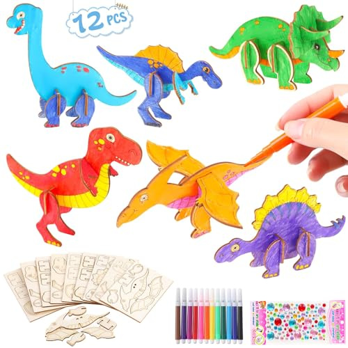 Seamart 12 Stück Dinosaurier Holz Bastelset für Kinder Drachen Geburtstag, 3D Puzzle Holz zum Bemalen, Basteln DIY Dino Holzbastelsets Kreative Kinderspielzeug Bemalen Handwerk für Jungen Mädchen