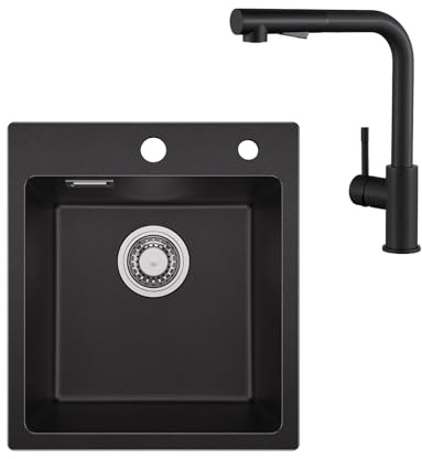 Sofetiy Fregadero Negro Granito 40×45 cm, Con Grifo Cocina Extraible Negro | fregadero negro sobre encimera, Granito Rectangular, con 2 Agujeros para Grifería, Fácil de Limpiar, Set Completo