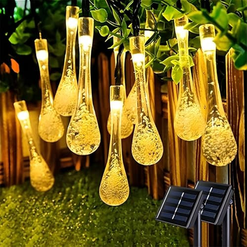 Mateju Guirlande Lumineuse Exterieure Solaire, Guirlande Lumineuse LED Solaire Extérieur avec 8 Modes d'Eclairage pour Jardin, Patio, Cour, Balcon, Fêtes, Goutte d'eau (Chaud,3M/10LED)