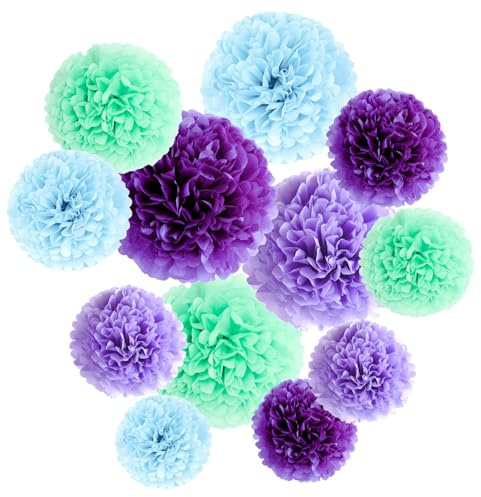 ZOOYOO 12 Stück Pastel Lila Blau Grün Hängende Seidenpapier Pompons-Partydeko für Geburtstag,Hochzeit,Mädchenparty,Baby Shower,Meerjungfrau Einhorn-Party-4 Farben à 20cm,25cm,30cm