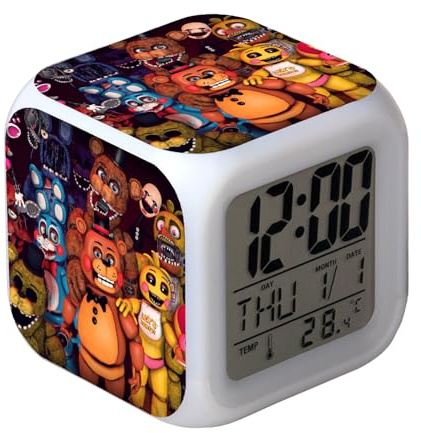 Kids Alarm Clock, Digital Clock Bedside LED with Charging Cable, Sleep Trainer Alarm for Kids with 7 Change Color Lights Temperature Calendar Music for Kids Gift Bedroom Bedside(Brown)