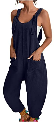 HOOUDO Linen Dungarees for Women UK Summer Casual Sleeveless Rompers Loose Adjustable Strappy Short Overalls Jumpsuits with Pockets
