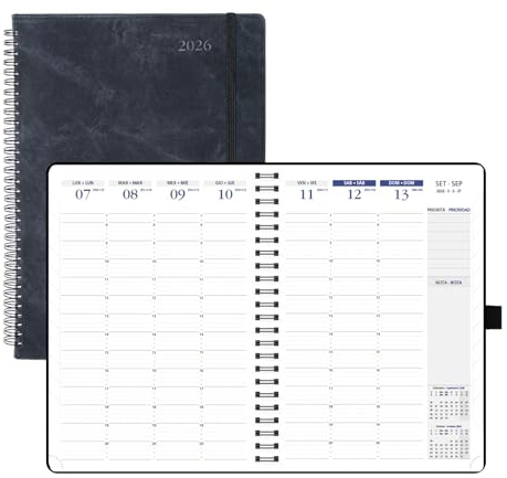 POPRUN Agenda 2026 Semana Vista en Español, Citas Calendario de Anillas con Tapa Blanda A4 Espiral, 21x29.7cm con Pestañas Escalonadas, 2 Páginas por Semana con Intervalos de 15 Minutos, Negro