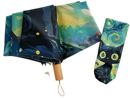 QDLTGBD Regenschirm Süße Schwarze Katze 8ribs Van Gogh Inspirierte Faltende Automatische Regenschirme Für Frauen Reisen Kompakte-a
