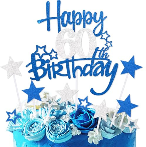 Royal Blue Silver Happy 60th Birthday Cake Toppers,60th Birthday Decorations for Men,Personalised Cake Topper Blue Silver Star Cake Toppers for Men Women Birthday Party Decorations Supplies