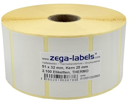 Thermo Etiketten auf Rolle - 51 x 32 mm - 2.100 Stück je Rolle - Kern: 25 mm - aussen gewickelt - permanent haftend - Druckverfahren: Thermodirekt (Drucken ohne Farbband)