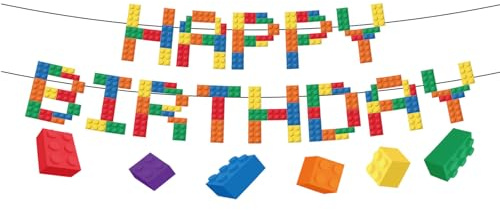 Tourima Baustein Happy Birthday Girlande, Bunte Deko zum Kindergeburtstag | Die farbenfrohe Happy Birthday Girlande im Baustein-Look bringt eine fröhliche Atmosphäre auf jede Kindergeburtstagsfeier.