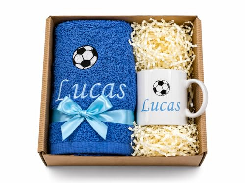 BotoHome Geschenkset mit Handtuch & Tasse – mit Motiv und Dein TEext – (Dunkelblau, Tasse Weiß)