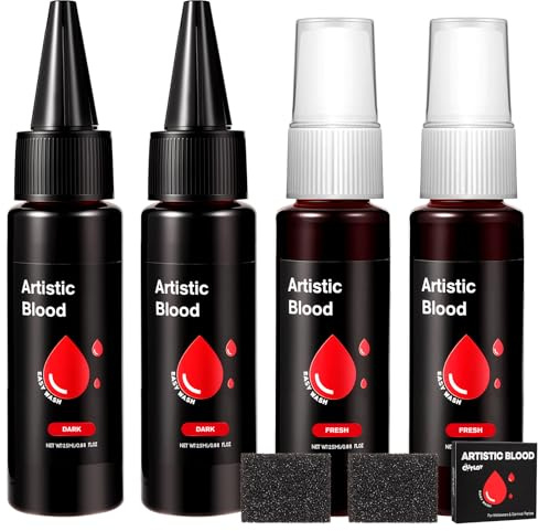 Kunstblut Halloween 100ml 4PS Set, Fake Blood Spray auswaschbar für Haut | 2x Spray + 2x Tropfendes Fake Blood + 2 Schwämme, Hautunbedenklich & Realistisch für Theater Karneval & Simulierte Wunden