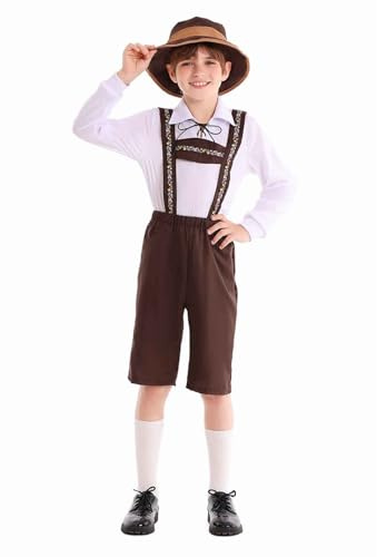 Oktoberfest,Costume Provencal Enfant Costume Traditionnel Bavarois Enfant Garçon/Fille - Chemise Coton + Lederhosen + Chapeau - Tenue Oktoberfest 3 Pièces Festival Allemand