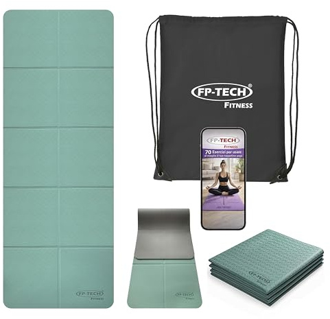 FP-TECH TAPPETINO DA YOGA IMBOTTITO ANTISCIVOLO FITNESS PILATES GINNASTICA IN TPE MAT CON SACCA 183 X 68 X 0.6 CM (Verde Acqua-Grigio-PIEGHEVOLE)