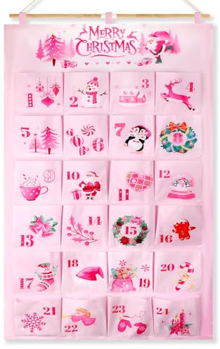 HOWAF Pink Christmas Fabric Advent Calendar for Women Girls, Reusable Advent Calendar 2025 with 24 Pockets 15x15cm, Fill Your Own Calendar Countdown to Christmas Decorations, E
