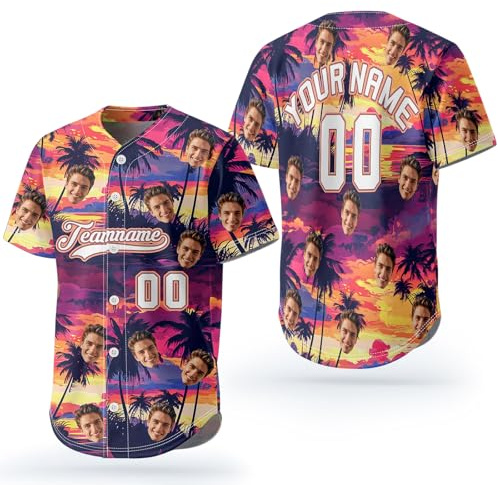 Personalisiertes Baseball Trikot, Football Jersey für Herren Damen Jugend, Baseball Shirts Mesh Jersey, Hawaii Hemd Männer mit Gesicht, Ihrem Namen, Nummer, Foto, Logo