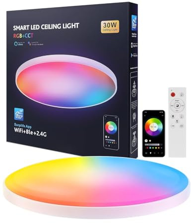 led plafonnier connecté compatible Alexa 30W plafonnier led chambre 16 millions couleurs plafonnier led dimmable , lampe connectée alexa Couleurs DIY 2700K-6500K Contrôle APP salon, coucher, cuisine
