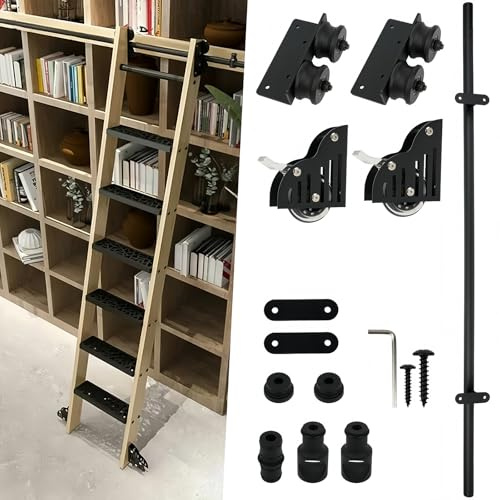 NBYTLT 10FT Sliding Library Ladder Hardware, Steel Material Rolling Ladder Hardware, Bottom Wheel with Brake, for Library, Home, Office