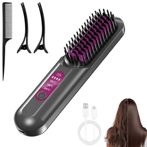Glättbürste Kabellos, Stylingbürste Für Kurze Langes Haare, Haarglätter Bürste Kabellos mit 3 Wärmestufen, Wiederaufladbare Hair Straightener für Reisen und Täglichen für Damen Mädchen