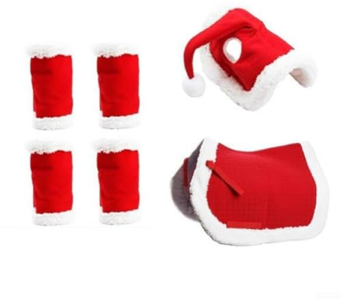 Pferd Weihnachtskostüm 6-teiliges Set: Nikolausmütze Sattelkissen Beinstulpen für Reitveranstaltungen, weiches rotes Fleece festliches Design mit sicherem Verschluss