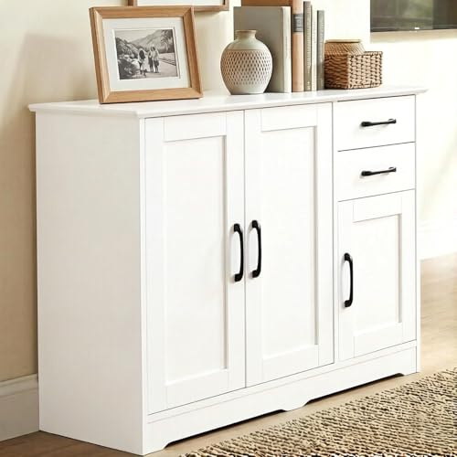 Warmiehomy White Sideboard, Wooden Kitchen Cupboard Storage Cabinet, Large Buffet Sideboard with 3 Doors 2 Drawers & Adjustable Shelves for Dining Room, Living Room, Bedroom, 100x40x77cm