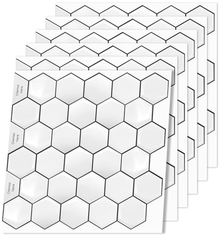 imposyu 6 Piezas Vinilos Azulejos en Forma de Panal Baldosas Adhesivas Pared 30 x 15 cm Azulejos Adhesivos Cocina y Baño, Color Blanco