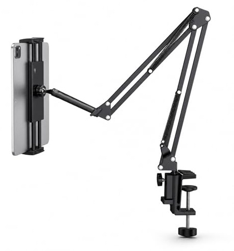 Tablet Halterung mit Schwenkarm, Tablet Halterung Höhenverstellbarer Aluminium Tablet Armhalterung mit 360° drehbarer Metallbasis, Flexibler Arm, Kompatibel mit Tablets und Smartphones 4,7 - 13