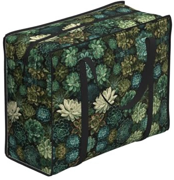 WBQLSL Bolsa de almacenamiento portátil para adultos, talla única, estampado de suculentas negras, poliéster con forro de vinilo, cierre de cremallera, 53 x 40 x 23 cm, plegable con asas reforzadas