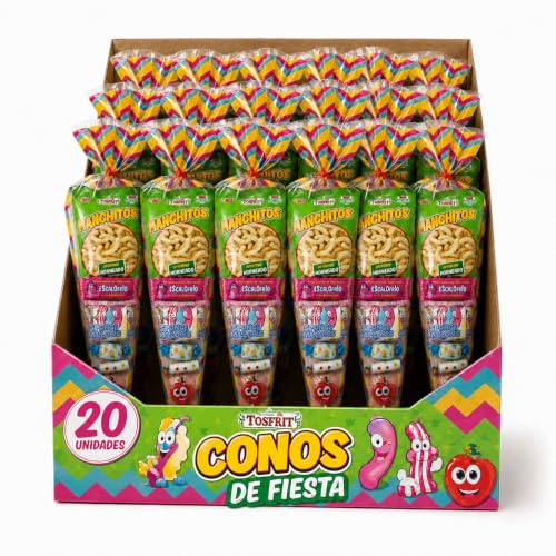 Conos de Chucherías para Cumpleaños – Pack de 20 Conos Surtidos con Gusanitos, Fizz Roll, Piruleta, Escalofríos, Nube y Caramelo de Frutas | Bolsas de Chuches para Fiestas Infantiles, Piñatas