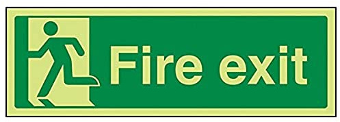 VSafety Notausgangsschild „Fire Exit“, leuchtet in der Dunkelheit, mit Mann auf linker Seite, Hartplastik, 300 x 100 mm