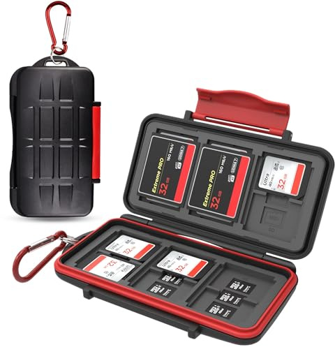 Kiorafoto 36 Slots SD Karten Aufbewahrung Hülle für 18 TF + 12 SD + 6 CF | IPX5 wasserfest, SD SDHC SDXC Micro SD TF MSD CF-Kartenhalter, Hartschale, mit Gummi-Innenseite und Karabiner