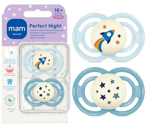 MAM Perfect Night Baby Pacifier, Patented Nipple, Glows in the Dark, 2 Pack, 16+ Months, Blue/Boy