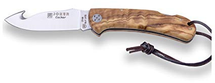 Joker Navaja desolladora de caza Cocker NO135 hoja de 9 cm y cachas en madera de olivo, cordón de cuero, herramienta de pesca, caza, camping y senderismo