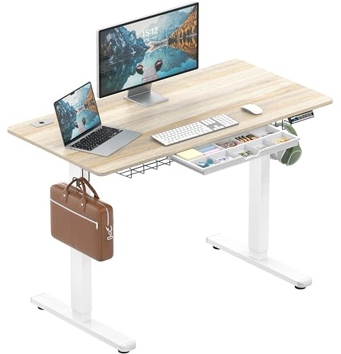 SHW 48-Inch Electric Height Adjustable Standing Desk with Drawer, Memory Preset and Cable Management Tray, Maple