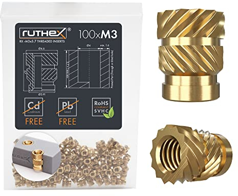 ruthex M3 insert fileté - 100 pièces RX-M3x5,7 douilles filetées en laiton - Écrou stable pour pièces en plastique - Utilisable dans les pièces en plastique imprimées en 3D par chaleur ou ultrasons